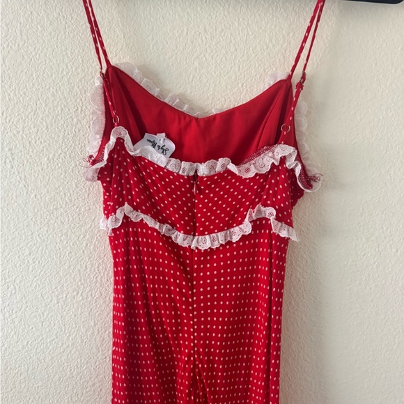 Red Polka Dot Maxi Slip Dress with White Lace Trim - Picture 4 of 7